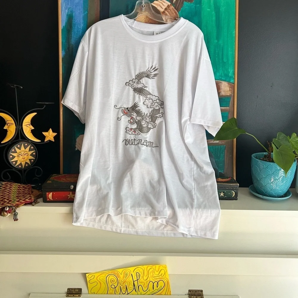 Vietnam Dragon Embroidered T-Shirt White Cotton Graphic Tee Men’s 3XL Travel - Picture 11 of 11